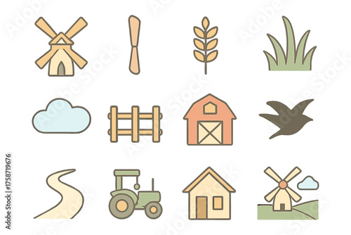 Rustic farm elements set featuring windmill, barn, tractor, and nature icons in flat style