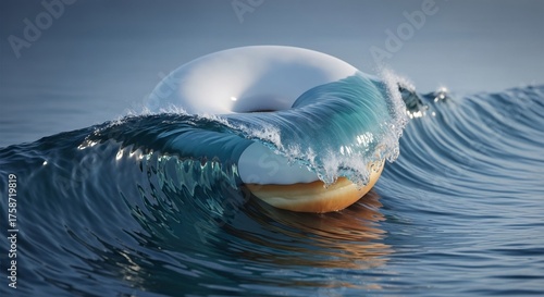 Lifebuoy Floating on a Cresting Ocean Wave at Sea.