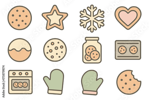 Cute outline cookie icons set: winter, star, heart, and baking elements