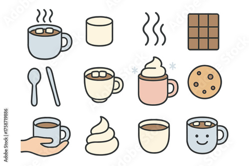 Warm beverage icons: coffee and hot chocolate with marshmallows and sweets