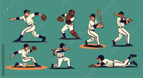A dynamic, flat vector illustration set of baseball players in various actions. This artwork captures the energy of the sport with a clean, modern design.