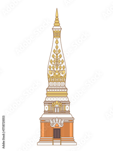 Vector illustration of Phra That Phanom, a stupa in Nakhon Phanom Province, Thailand.