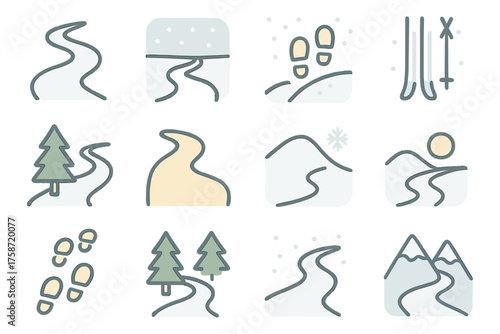 Winter outdoor icons: skiing, snow trails, and cozy forest landscapes in minimal line art