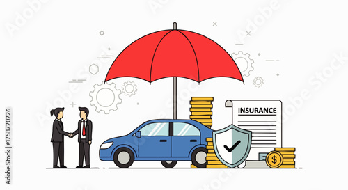 Vector illustration with car insurance concept showing an agent and a car protected by an umbrella and a shield, next to a policy document and a stack of money, representing safe car protection.