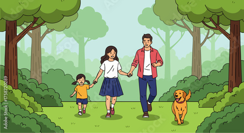 Vector flat style illustration in Adobe Illustrator of a happy family with a child and a golden retriever running in the park. Ideal for family life and outdoor activities.