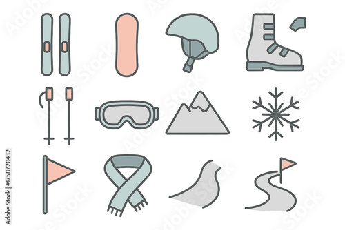 Winter sports icons featuring skiing and snowboarding in minimalist linear design
