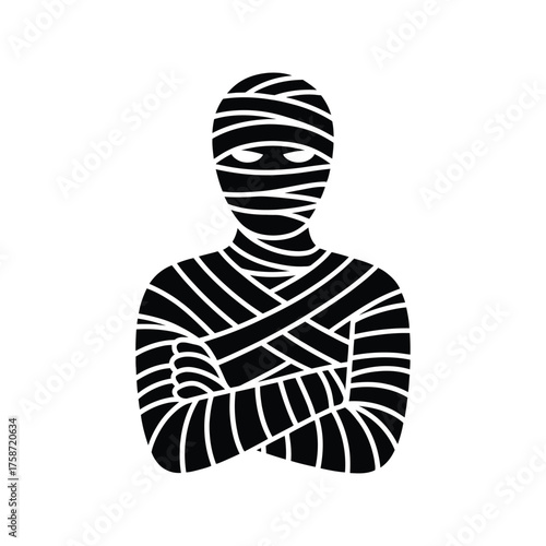 Stylized black and white silhouette of a mummy with bandages