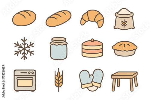 Flat bakery icons: bread, pastries, oven, and bakery tools for culinary design