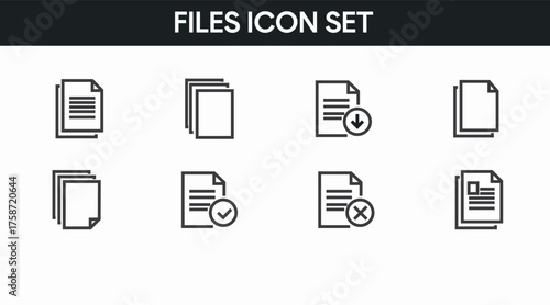 Document icon set, file document vector symbol, file document collection. Vector black and white editable icon set