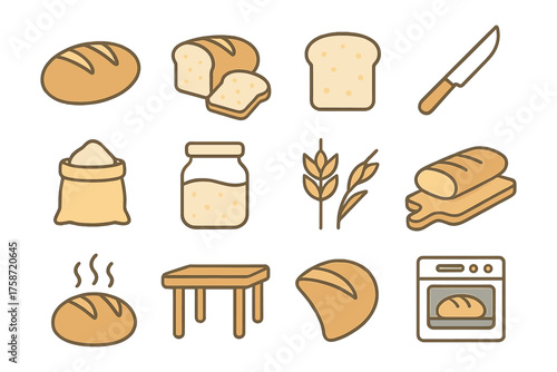 Baking essentials icons: bread, flour, and kitchen tools in flat design