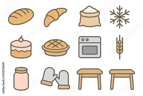 Baking essentials icons set featuring bread, cake, oven, and more in flat style