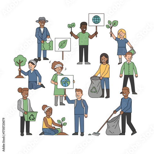 Diverse group of people working together to protect planet Earth through recycling, planting trees, and environmental activism