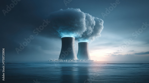 Futuristic nuclear cooling tower glowing with blue energy. dramatic power plant with steam pollution creating an ominous twilight industrial scene