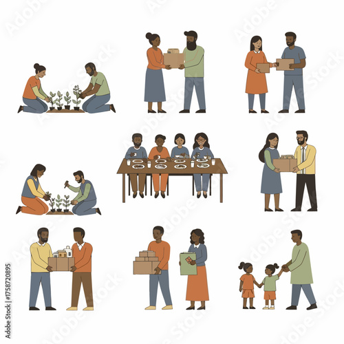 Diverse communities supporting each other through acts of kindness, sharing, and gardening, fostering connection and unity
