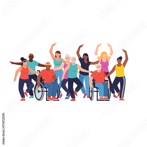 Diverse group of people dancing together, including individuals in wheelchairs, celebrating joy and inclusivity for community events