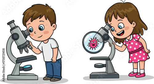 Curious cartoon boy and girl using microscope, kids learning science experiment, biology education illustration, studying germs and microbes, fun classroom discovery concept