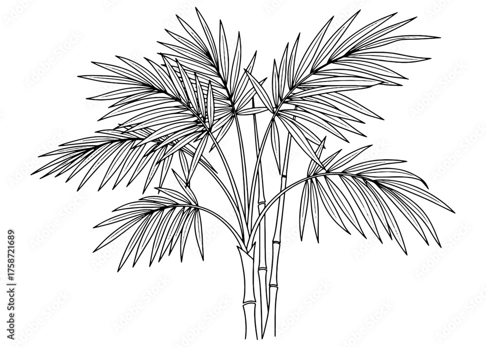 Obraz premium Detailed drawing of an Areca Palm houseplant. Black and white vector botanical illustration of tropical foliage for interior design, logos, and prints.