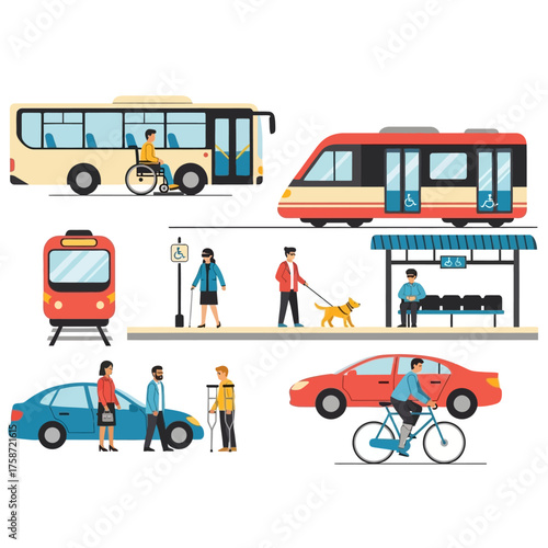 Diverse individuals utilizing various transportation methods with accessibility features for inclusivity and mobility in modern society