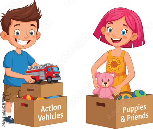 Happy boy and girl organizing toys in boxes, sorting stuffed animals and vehicles, kids cleaning room, teamwork, friendship, playtime, cartoon vector illustration