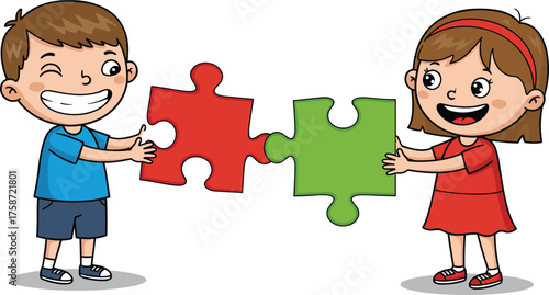 Happy cartoon kids connecting puzzle pieces, teamwork concept illustration, boy and girl collaboration, creative learning, cooperation, unity, problem solving, education, friendship