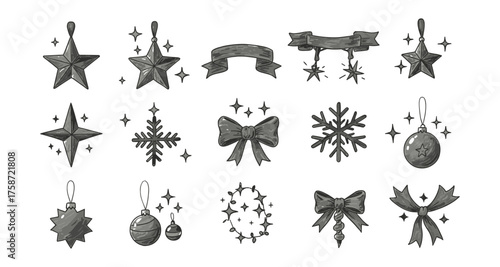 Monochrome festive christmas decorations with stars, snowflakes, and bows