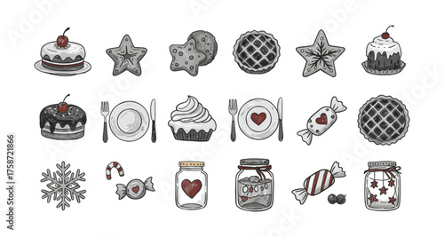 Monochrome assorted desserts and sweets collection in hand drawn style