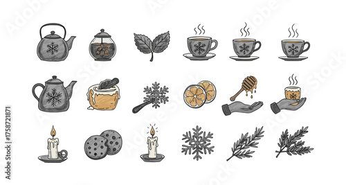 Cozy autumn tea set with herbal elements and steam cups
