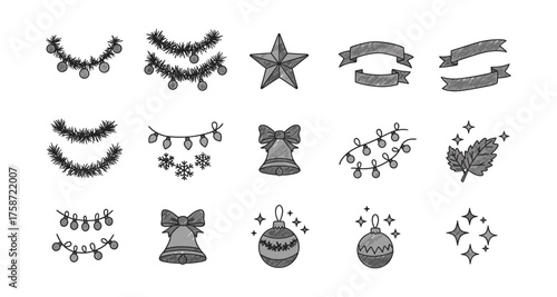 Hand-drawn festive christmas icons with garland, bells, and snowflakes