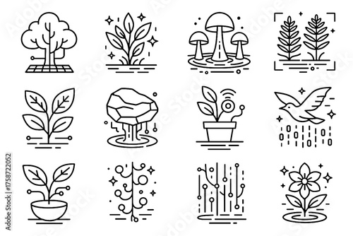 Birds holographic smart plants data floating flowers icons icon vector digital glowing