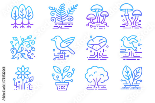 Floating neon icon digital smart forest augmented trees mushrooms glowing sensor vector