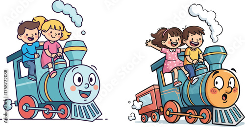 Happy children riding colorful cartoon train engine, cute kids enjoying fun journey on smiling locomotive, playful childhood adventure, joyful travel illustration for kids design