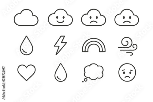 Cloud vector emotion wind drop icon heart sad lightning emoji bubble