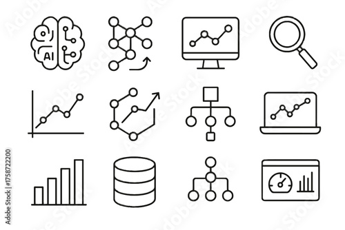 Database magnifying vector network statistical analyst flowchart dashboard ai icon graph data