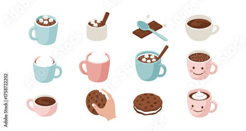 Cute cartoon hot chocolate and mug collection for winter designs