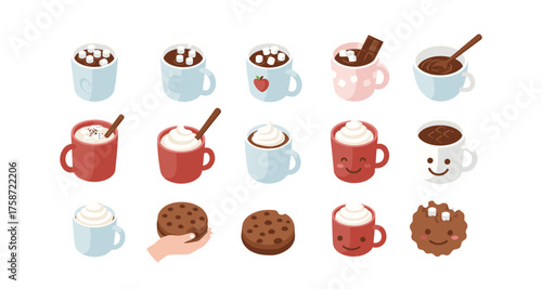 Cute cartoon hot chocolate and cookies with whipped cream and marshmallows