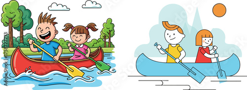 Happy kids rowing canoe on blue lake, summer outdoor adventure, boating activity illustration, fun children paddling together, nature travel, vacation 