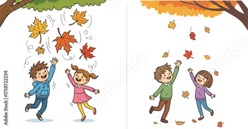 Happy children playing with colorful autumn leaves outdoors in fall season park, joyful kids enjoying nature, fun childhood activity illustration concept background