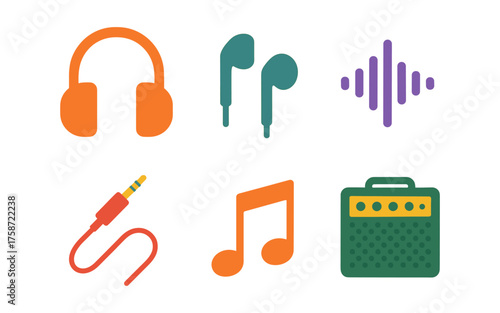 Colorful music icons set featuring headphones, musical notes, and sound wave