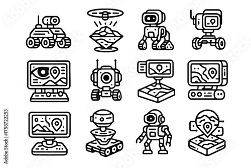 Terrain scouting scouts mapping futuristic digital rover robot vector panel terminal icon