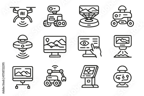 Analyzer smart icon autonomous vector drone icons virtual futuristic console exploration reconnaissance