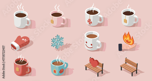 Cozy winter drinks and accessories in isometric style with cute imagery