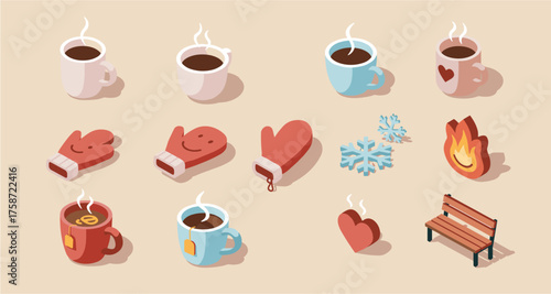 Cozy winter icons: isometric hot drinks, mittens, and seasonal elements