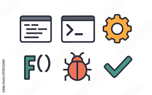 Minimalist coding icons set with bug and gear for technical designs