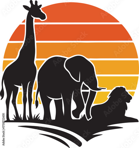 Safari animals silhouette – elephant, giraffe, lion, sunset savanna vector design, Variations with acacia trees, zebras, or rhinos,  wildlife scene landscape design concept vector.