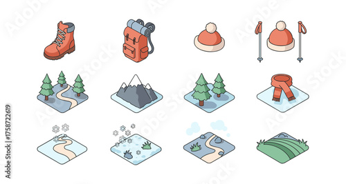 Isometric hiking adventure icons set: boots, backpack, mountains, and more