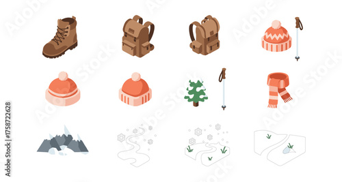 Winter hiking essentials in isometric style: boots, backpacks, and warm accessories