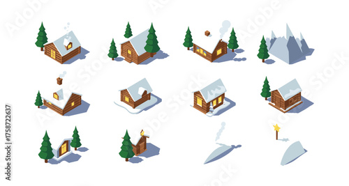 Isometric winter cabin set with snowy trees and mountains in minimalist style