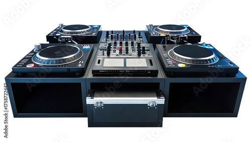 dj turntables at a club for a live music event isolated on white background  png, ai generated