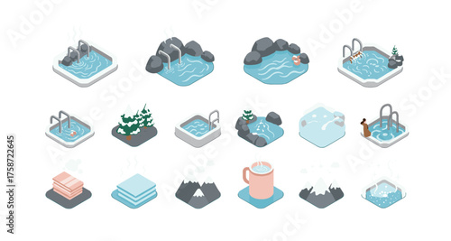 Isometric winter hot springs and pools with relaxing elements