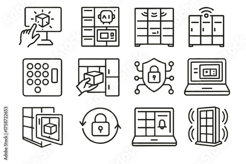 Futuristic retrieval interactive scanner panel interface vector compartments smart icon locker holographic
